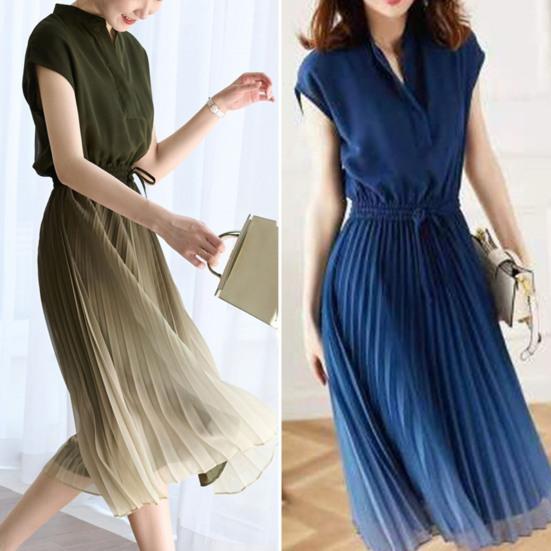 Stand Collar V-neck Flying Sleeve Elastic Waist Drawstring Summer Dress Gradient Color Pleated