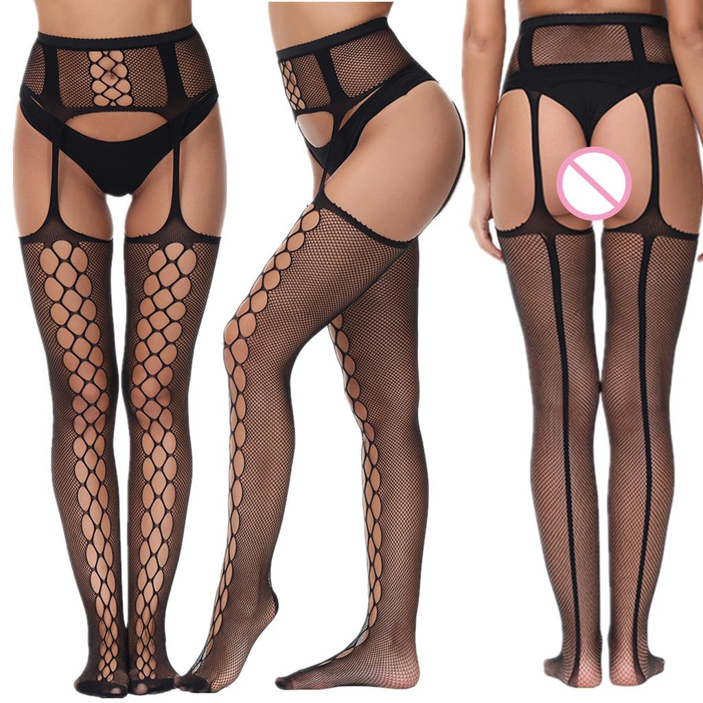 Sexy High-Waist Fishnet Stockings with Garter Belt Transparent Crotchless Pantyhose Plus Size Women's Lingerie
