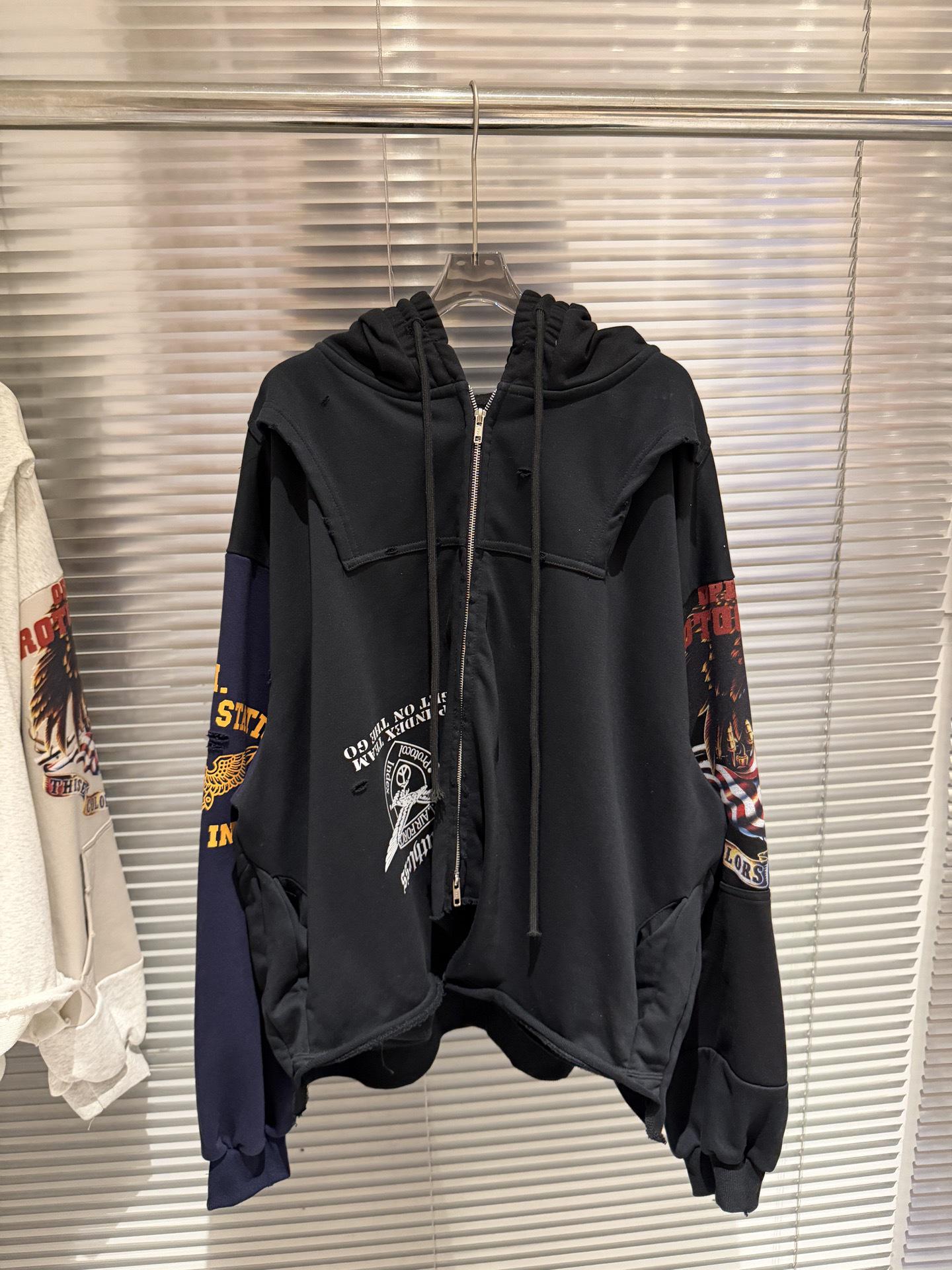 

2025 Winter Reverse Patchwork Distressed Zipper Hoodie Small чорний