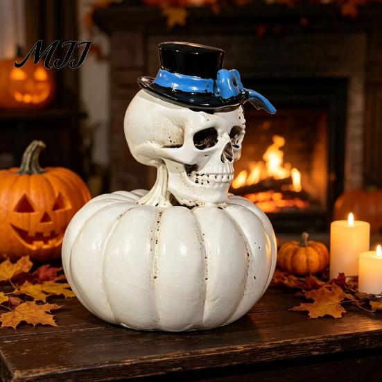 Versatile Festival Scene Decorations Gothic Skull Pumpkin Statue, Halloween Bride Groom Figurine, Pink Bow On Ornament for Desktop Mantel Decor Unique