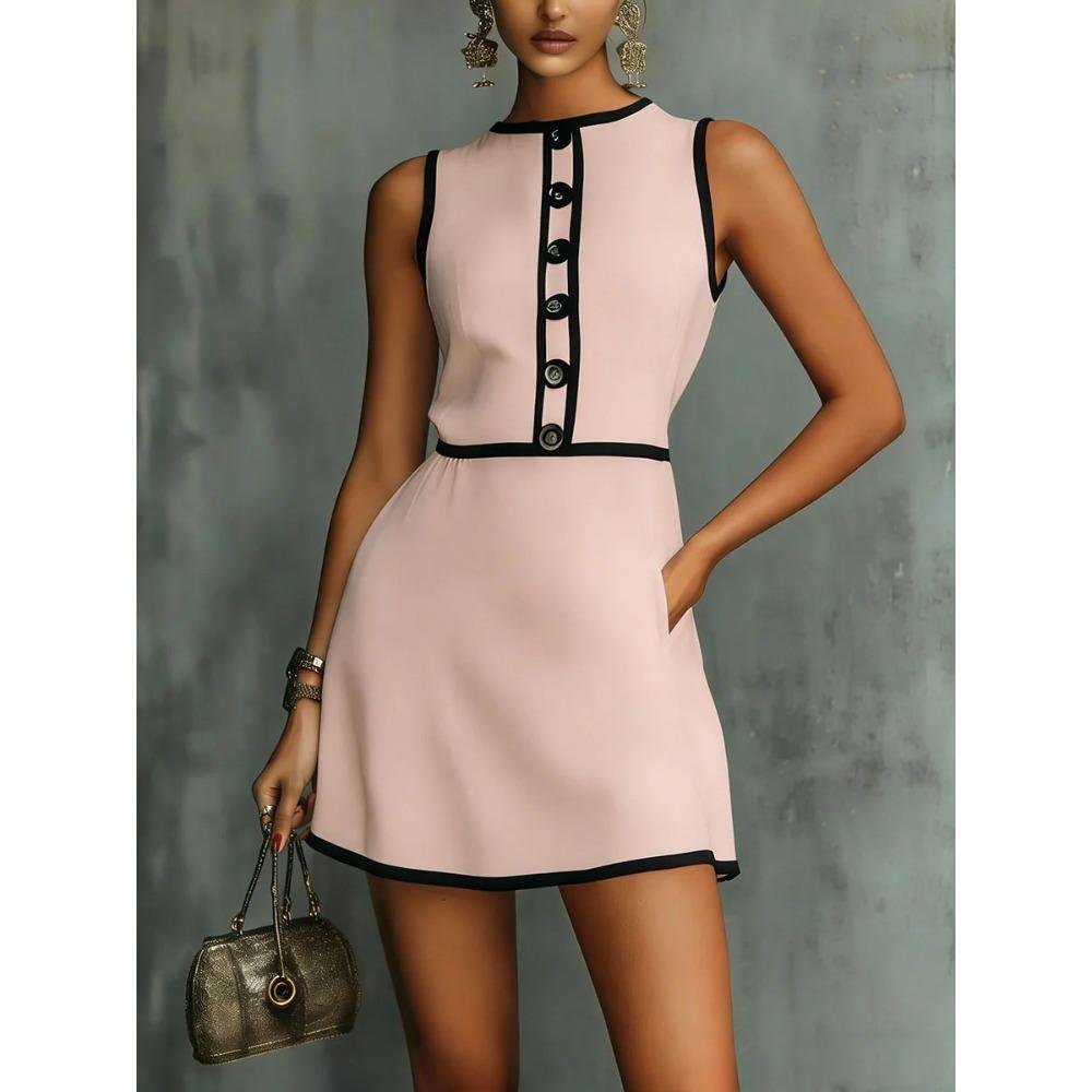 Women's Round Neck Sleeveless A-Line Mini Dress Mid Waist Elegant Casual Short Dress