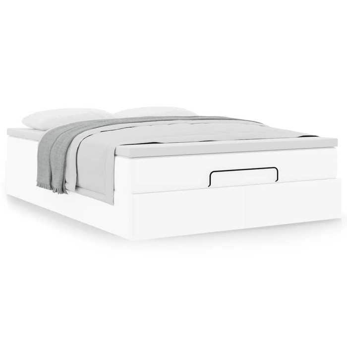 Cadre de lit ottoman - 140x190 cm - Similicuir blanc - Matelas inclus - Mécanisme de levage hydraulique