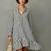 European and American summer new black and white striped lapel shirt skirt irregular ruffle edge long sleeve loose holiday dress
