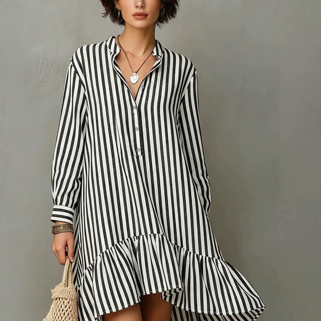European and American summer new black and white striped lapel shirt skirt irregular ruffle edge long sleeve loose holiday dress