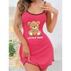 Summer Women's Suspender Pajamas with Letter Bear Print Sleeveless Ruffle Suspender Mini Dress Comfortable Home Wear