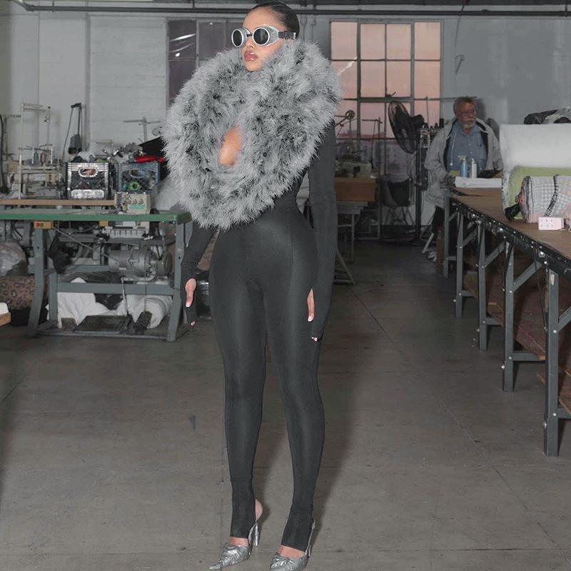 European Fashion Spicy Girl Autumn/Winter 2025 Women's Long Sleeve Fur Bodysuit Tights