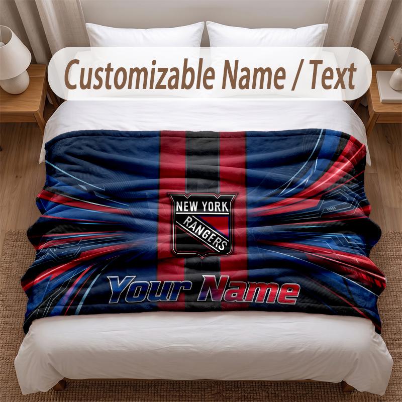 New York Rangers Printed Flannel Blanket Custom Name Text Soft Warm Throw For Bedroom Holiday Gift
