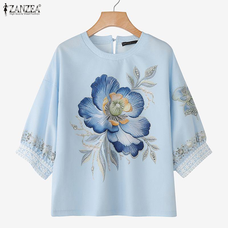 ZANZEA Women Casual Round Neck Floral Print Loose 3/4 Sleeve Blouse