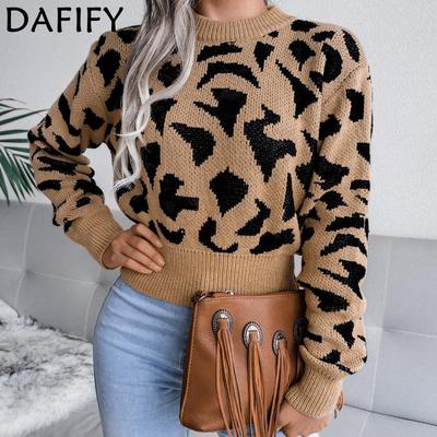 Maglioni a maniche lunghe con scollo a V, casual, con stampa leopardata, per autunno e inverno, da donna