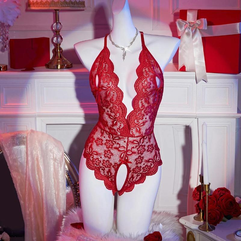 Sexy Crotchless Lingerie Women Lace Hollow Bra Set Transparent Deep V Open Bra Sexy Underwear Sets Valentine's Erotic Costumes