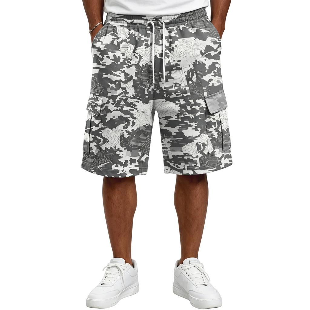 Mens Casual Drawstring Shorts Loose Fit Camouflage Print Elastic Waistband with Multiple Pockets for Outdoor Activities