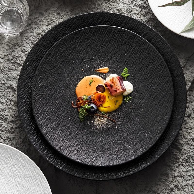 Ceramic Plate Food Grade Shallow Plate Rock Western Plate Beef Steak Meal Home Breakfast Black And White Flat Plate Light Luxury Style