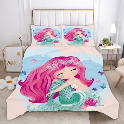 Meerjungfrau Bettbezug King Queen Niedlich Cartoon Märchen Meereskreatur Bettwäsche Set Fischschuppen Mädchenhaft 2/3tlg. Polyester Steppdeckenbezug