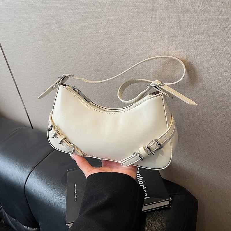 New Retro Solid Color Belt Zipper Fashion Shoulder Underarm Bag Premium Feeling Baguette Bag Messenger Bag