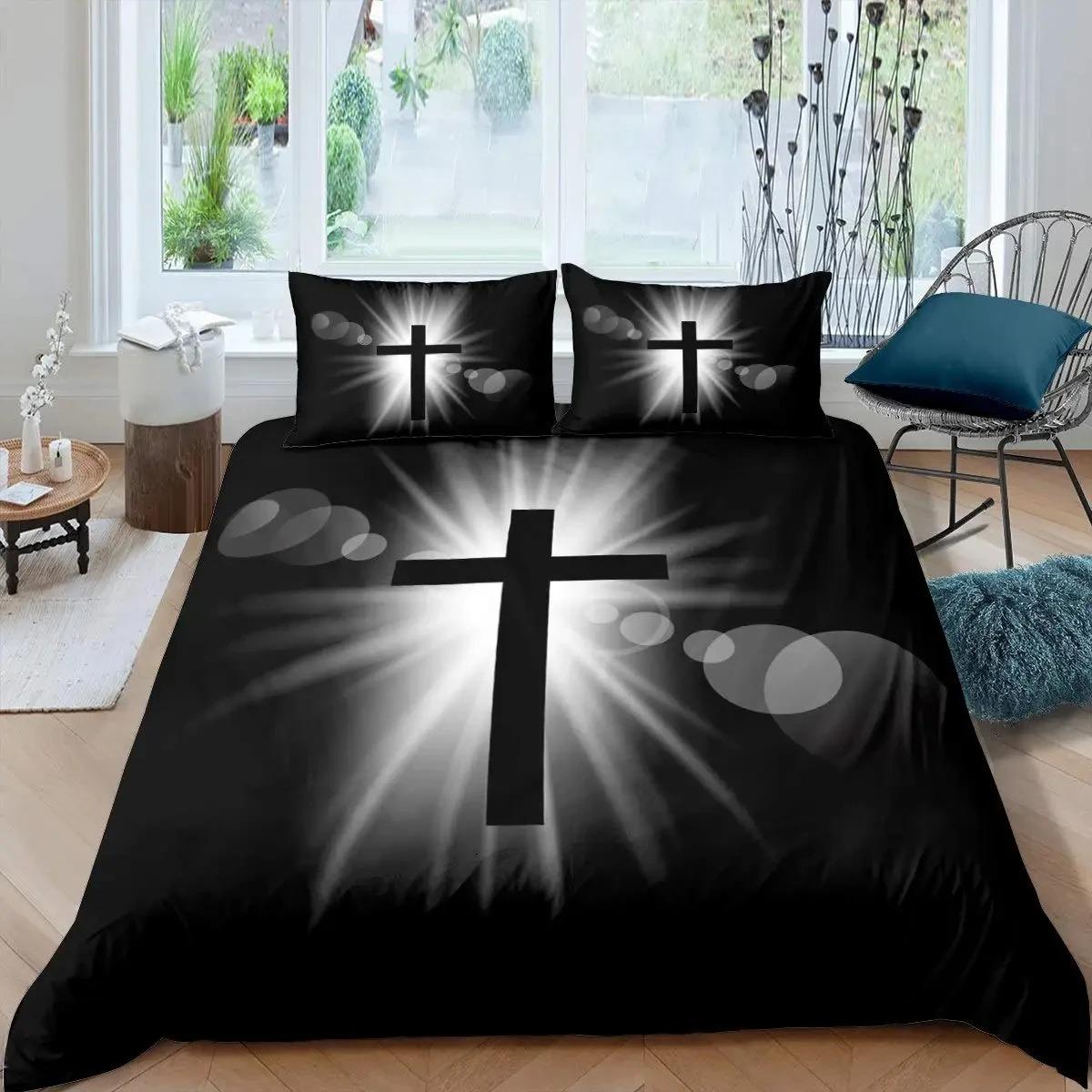 Christelijk Kruis Jezus Dekbedovertrek Set Geloof Boven Angst Beddengoed Set 3D Overal Religie Dekbedovertrek Set Quilt Overtrek King Size EU Double 200x200cm