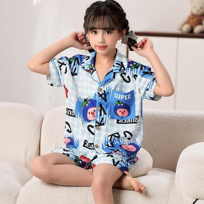 Girls Ice Silk Pajama Set Short Sleeve Pants Cartoon Print Sleepwear Kids 8 Years