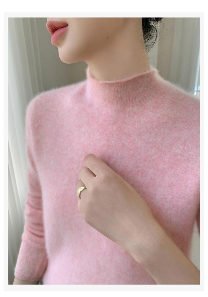 Rolled-Edge Half-High Collar Cashmere Knit Seamless Sweater: Women's Autumn/Winter Solid White Wool Base Layer