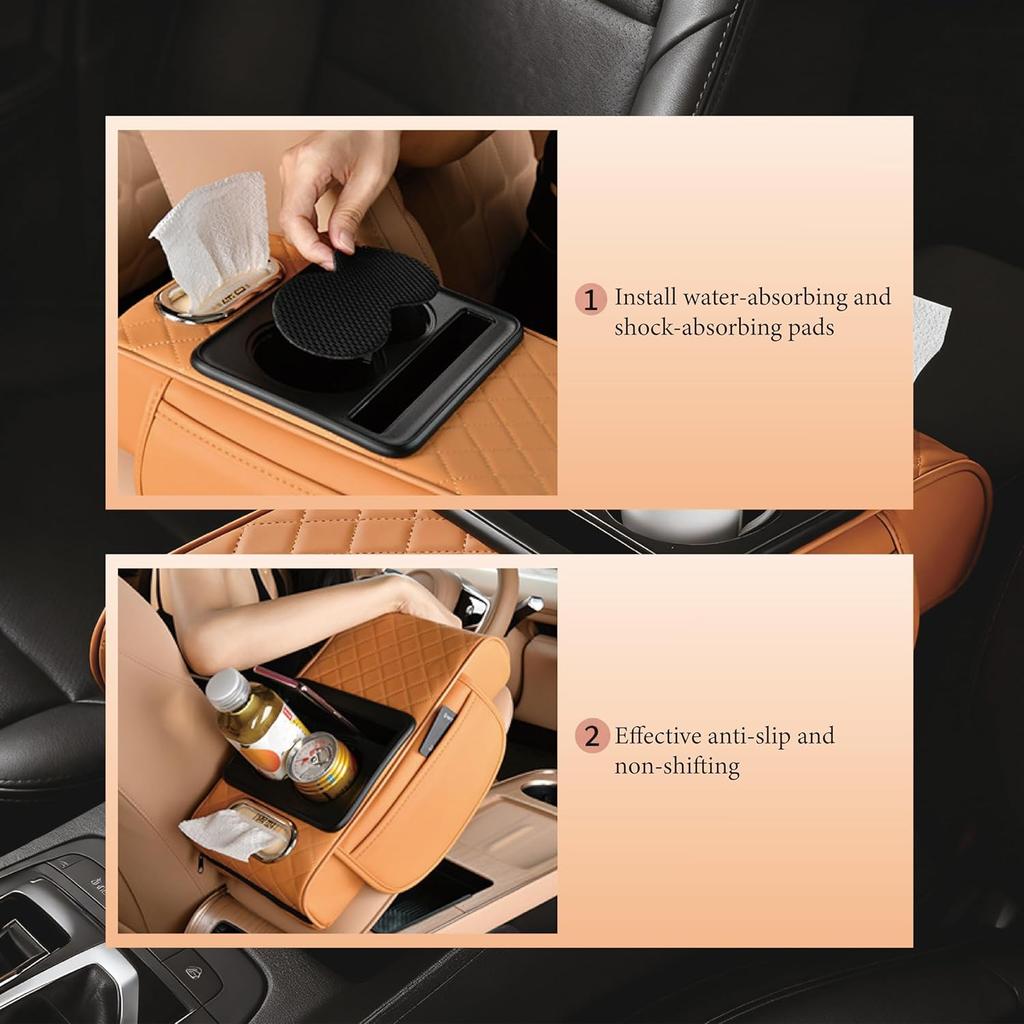 Multifunctional Pu Leather Car Armrest Box Mat with Cup Holders &Tissue Box Slot&Phone Slot