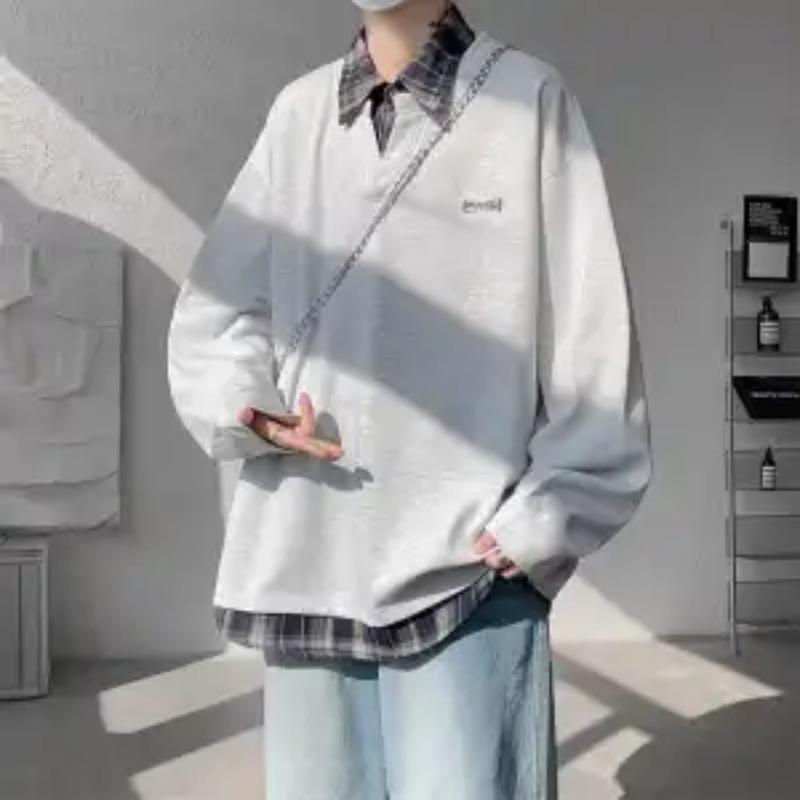 

American Clothes Spring Autumn Coat Plaid Fake Two-piece Polo Shirt Sweatshirt for Men L сірий колір