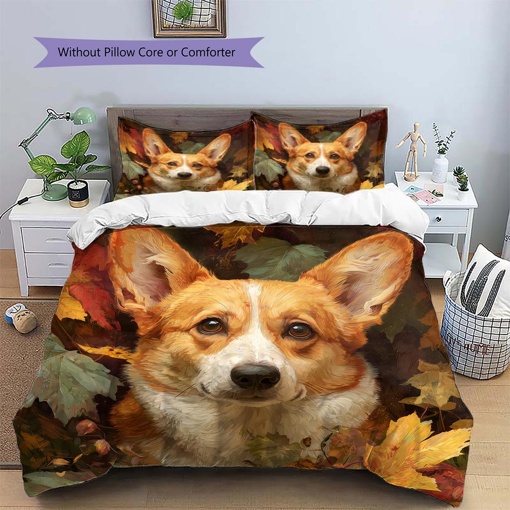Corgi und Pflanzen Muster Bettwäsche Heimdekoration Geburtstagsgeschenk (1 Bettbezug + 2 Kissenbezüge, ohne Füllung)