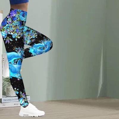 Womens Blue Dolphin Flower Prints Stretch Yoga Leggings Fitness Running Gym Sports Active Pants