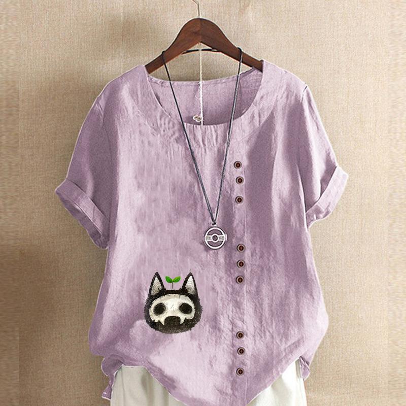Women's Fashion Cartoon Characters Prined Round Neck Short Sleeve T-shirt Casual Cotton Linen Graphic Shirt Leisure Loose Summer Blouse Tops