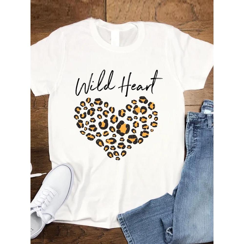Leopard Love Trend 90s Women Fashion Clothing Tee Top Casual Short Sleeve Tshirts Graphic T-shirts T Female Cartoon Lady Clothes