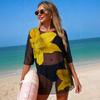 3-teiliges Set Damen Badeanzug Set V-Ausschnitt Träger-BH Hoher Taillen Slip Bikini Set mit Atmungsaktivem Netz Cover-Up Urlaubs Party Sommer Bademode