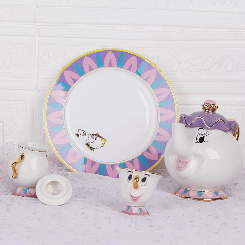 European Beauty and the Beast Ceramic Tea Set: Mrs. Potts Teapot and Chip Mug, Large Capacity.