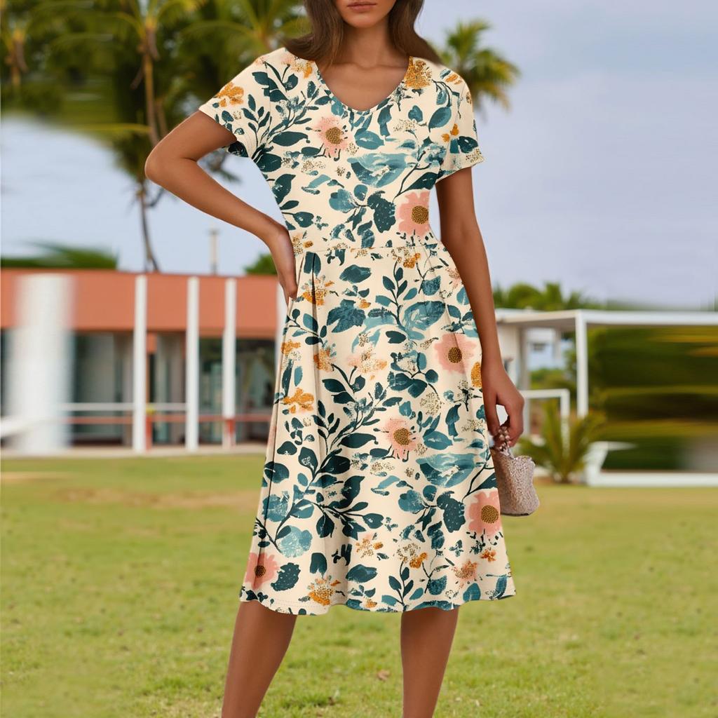 Ladies Summer Fashion Casual Floral Print V-Neck Short Sleeve Pocket Dress