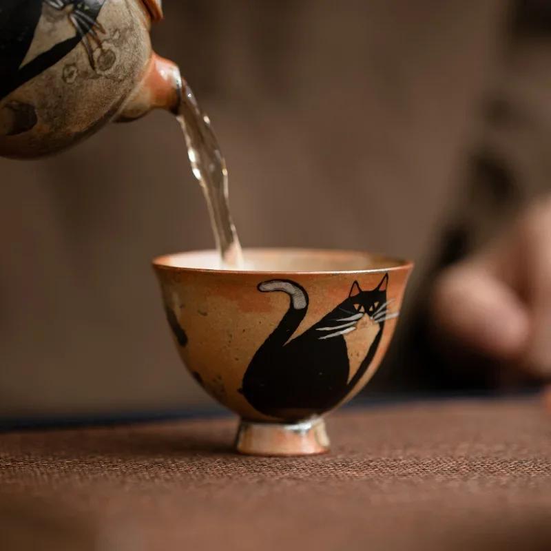 Handmade Japanese Vintage Ceramic Kiln Change Wild Cat Tea Cup Small Kung Fu Master Single Cup For Tea Ceremony Daily Use Lovers