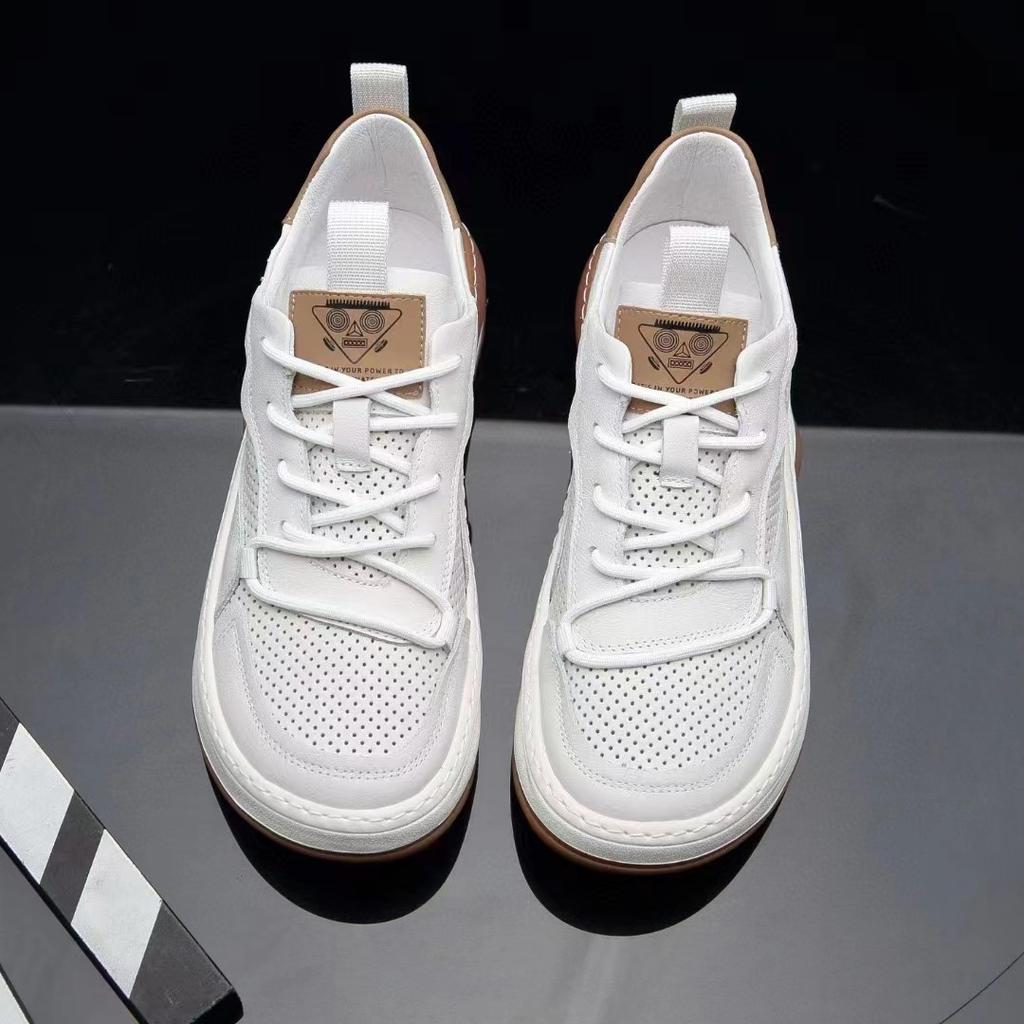 Herren Weiches Leder Weiße Schuhe Herren Dicksohlige Vielseitige Atmungsaktive Hohlsandalen Sneakers