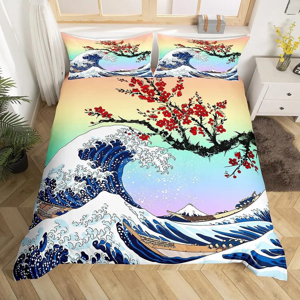 Ocean Wave King Queen Duvet Cover Red Sun Bedding Set Japanese Ukiyo-E Comforter Cover Exotic Navy Blue Polyester Quilt Cover