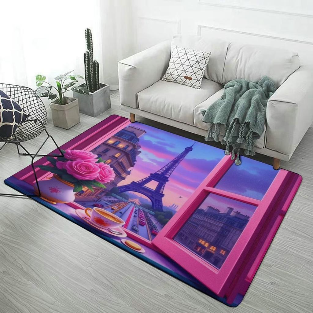 Eiffel Tower Print Area Rug Soft Flannel Washable Floor Mat for Living Room Bedroom Entryway Paris Themed Home Decor