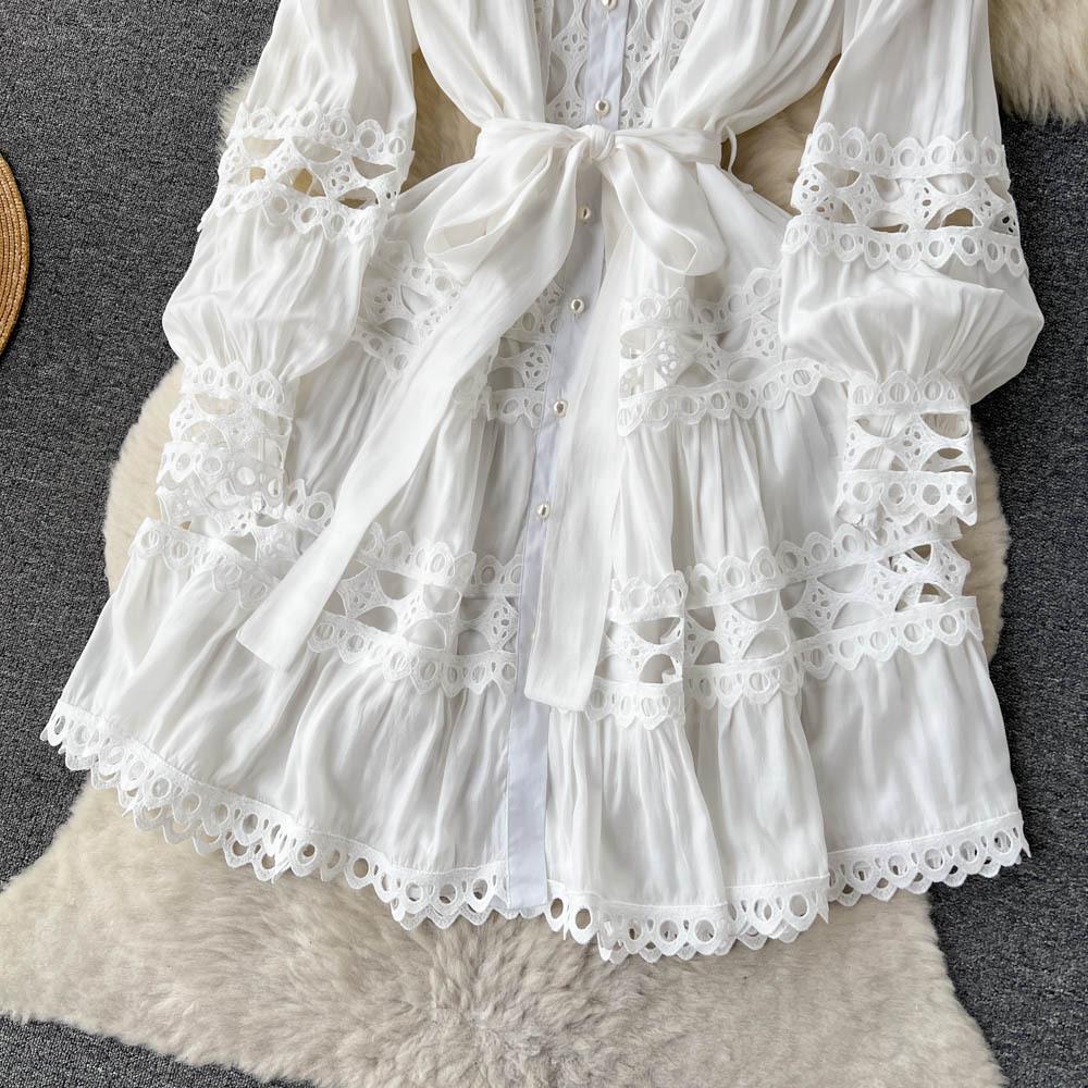 Abiti autunnali A-LINE da donna casual in pizzo vintage primaverile scava fuori maniche lunghe a lanterna monopetto