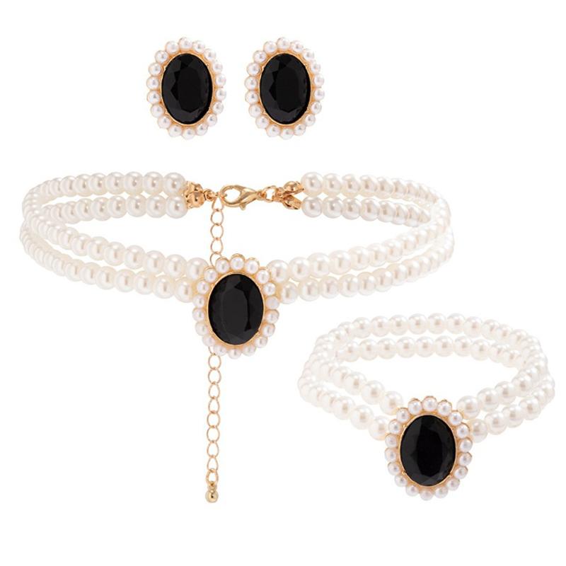 Luxurious imitation pearl crystal Choker necklace Set for Women Fashion Bracelet Earrings Jewelry Set for Wedding Bridal Sets