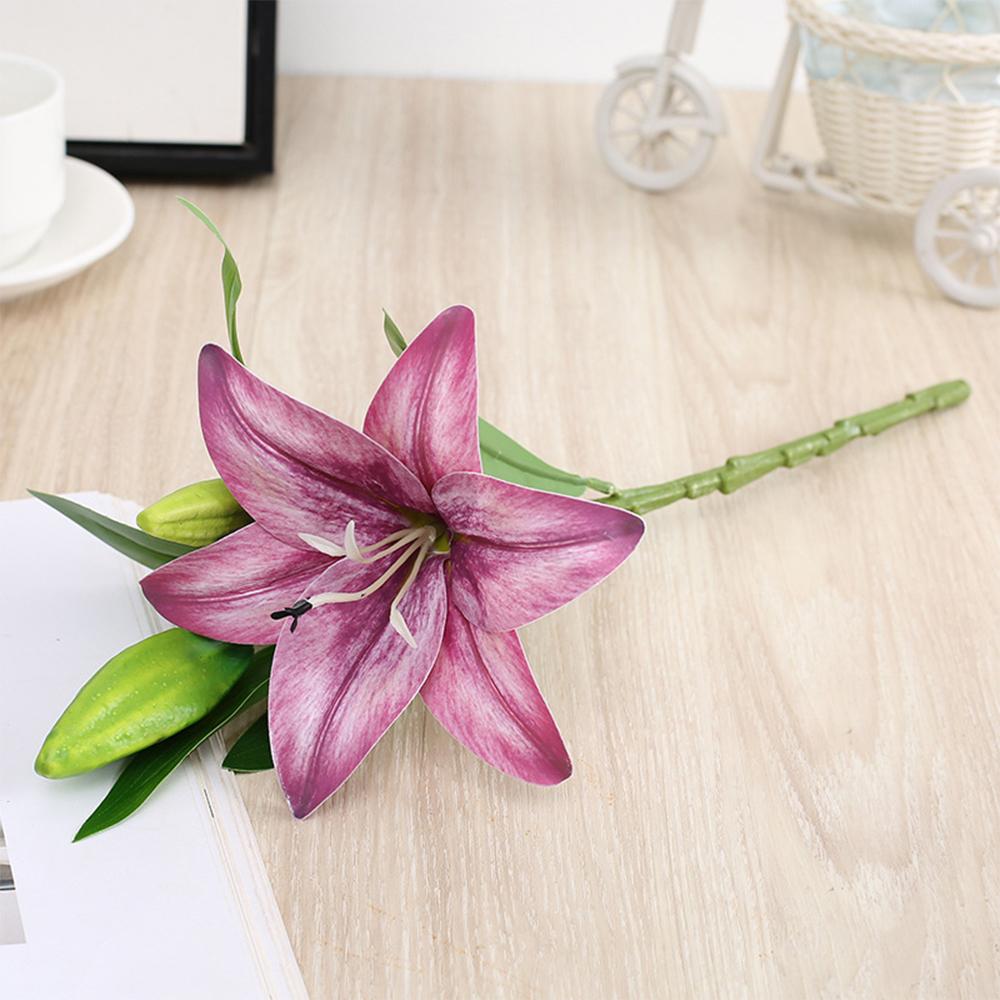 2Pcs Real Looking 3D Printing Lily Branch Artificial Flowers White Fake Flowers Flores for Wedding Home Garden Decoration 2Pcs
