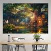 Arazzo 2D Casa sull'albero delle fiabe, Stagno magico nella foresta e farfalle da appendere alla parete, Sfondo fantasy
