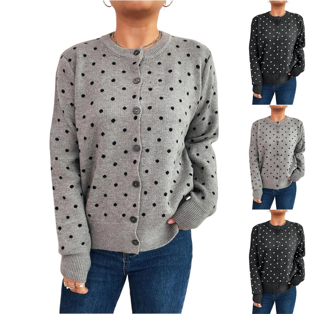 Women's Fashionable Casual Loose And  Polka Dot  Round Neck Long Sleeved Knitted Cardigan Sweater Jacket