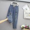 Women Fashion Korea Style Cartoon Cat Embroidery Baggy Elastic Waist High Waist Denim Cropped Pants Female Harem Jeans