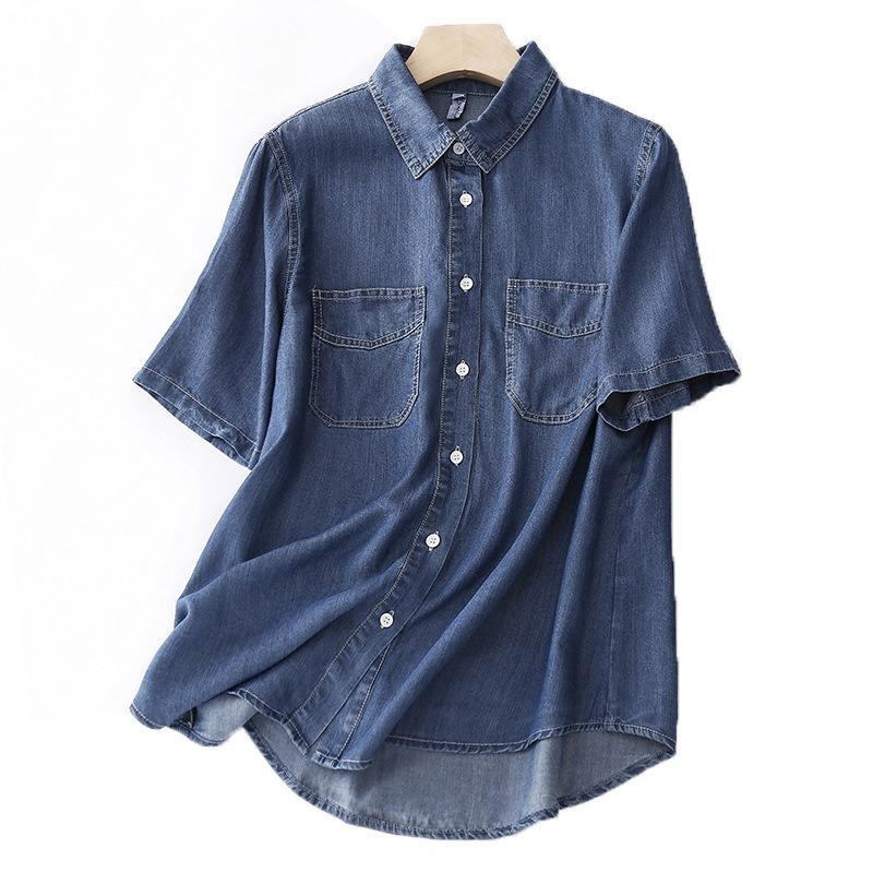 Casual Loose Short Sleeve Denim Shirt For Summer M