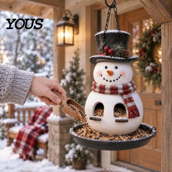 Hängende Vogel-Samenstation für den Außenbereich, Weihnachts-Schneemann-Futterspender, Harz-Dekorativer Wildwetterfester Futterspender-Schmuck für Garten, Hof, Terrasse, Balkon,