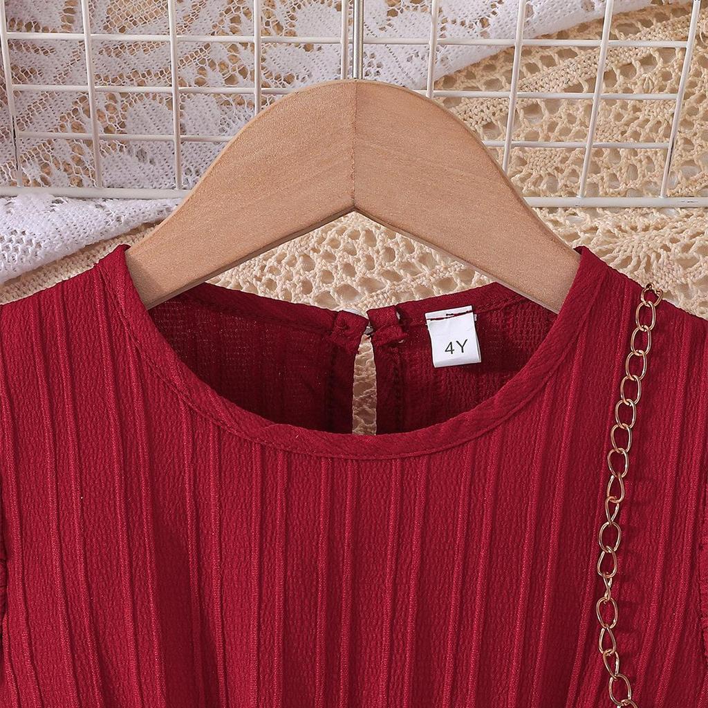 2025 Summer Girls' Solid Color Stripe Ruffle Dress with Belt