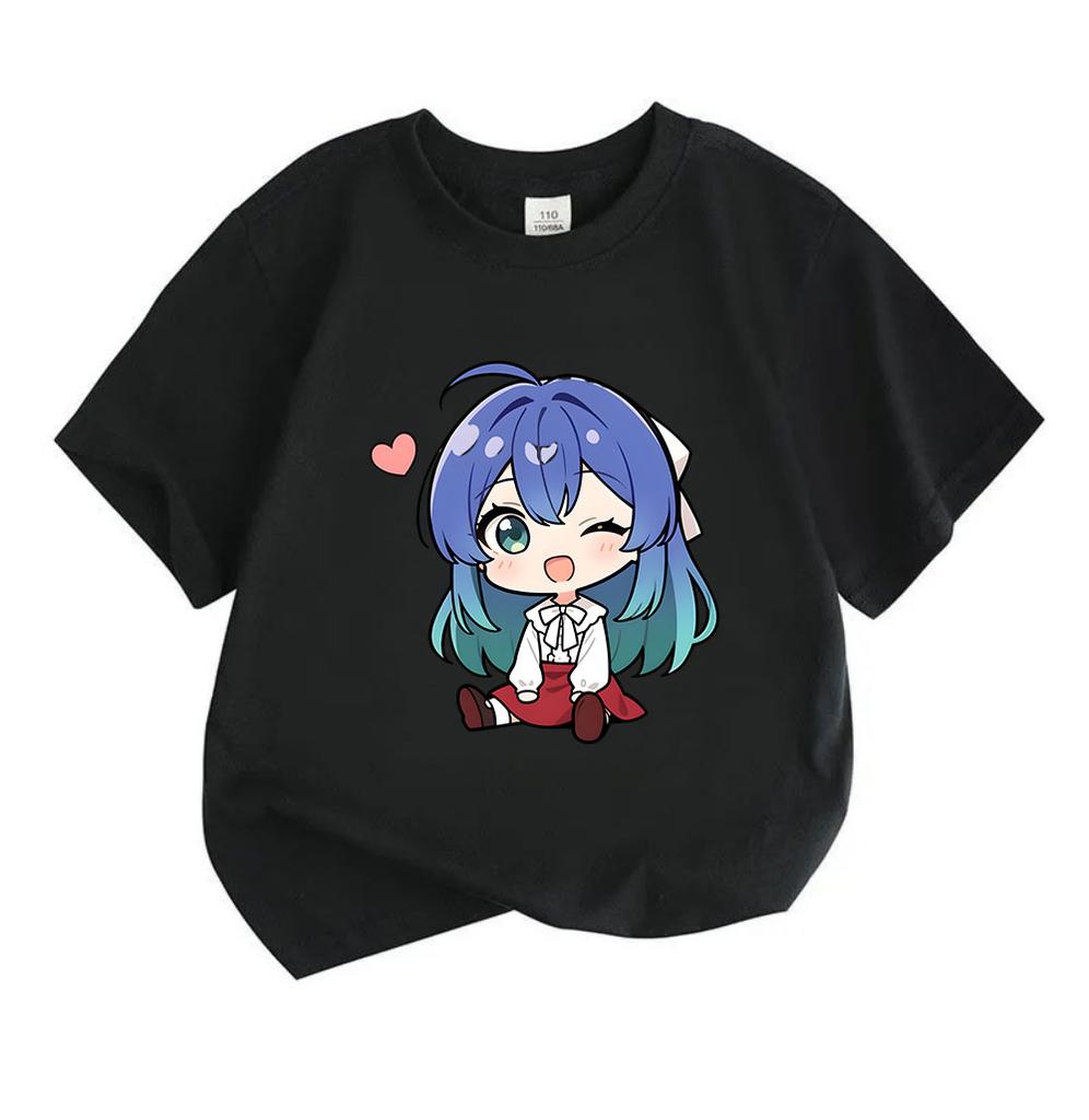 Kids Boys Girls 100% Cotton Crew Neck Short Sleeve T-Shirt, Cute Chibi Anime Blue Hair Girl Print Casual Soft Breathable Tee for Daily Wear Lovely Hea