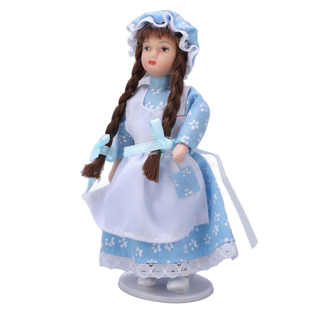1:12 Dollhouse Ceramic Girl Figures Bendable Joints Girl Doll in Blue with Hood and Braids for Over