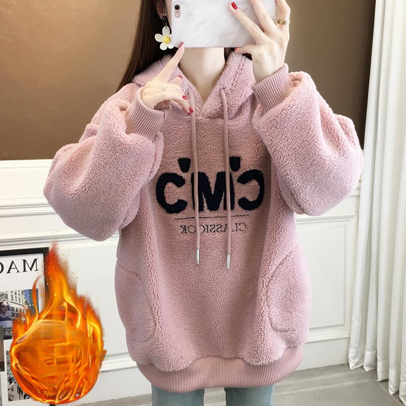 

Женский теплый свитшот с капюшоном из шерсти ягненка с вышивкой, новый корейский свободный топ, уменьшающий возраст, утолщенная куртка на осень и зиму S