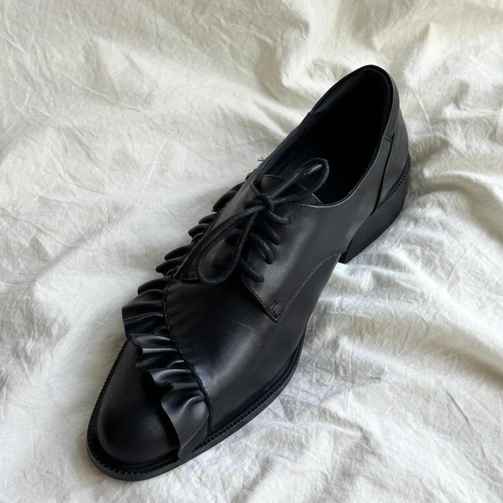 Retro Niche Ruffle Edge Small Leather Shoes Women's Spring and Summer 2025 New Small Round Head Thick Heel Lace-up Brock Shoes