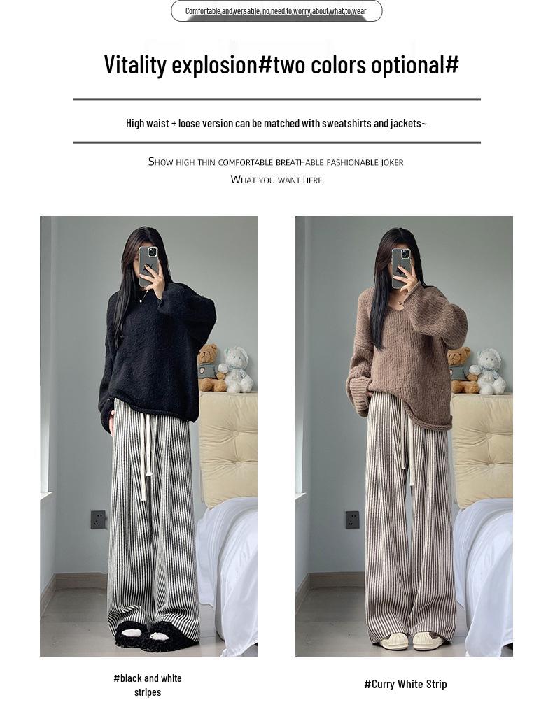 High-Quality Women's Retro Striped Wool Pants - Autumn/Winter Casual High-Waisted Slimming Straight-Leg with Wide-Leg Drape