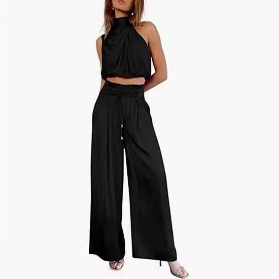 Damen Ärmelloses Stehkragen Crop Top & Weitbein Hose Set