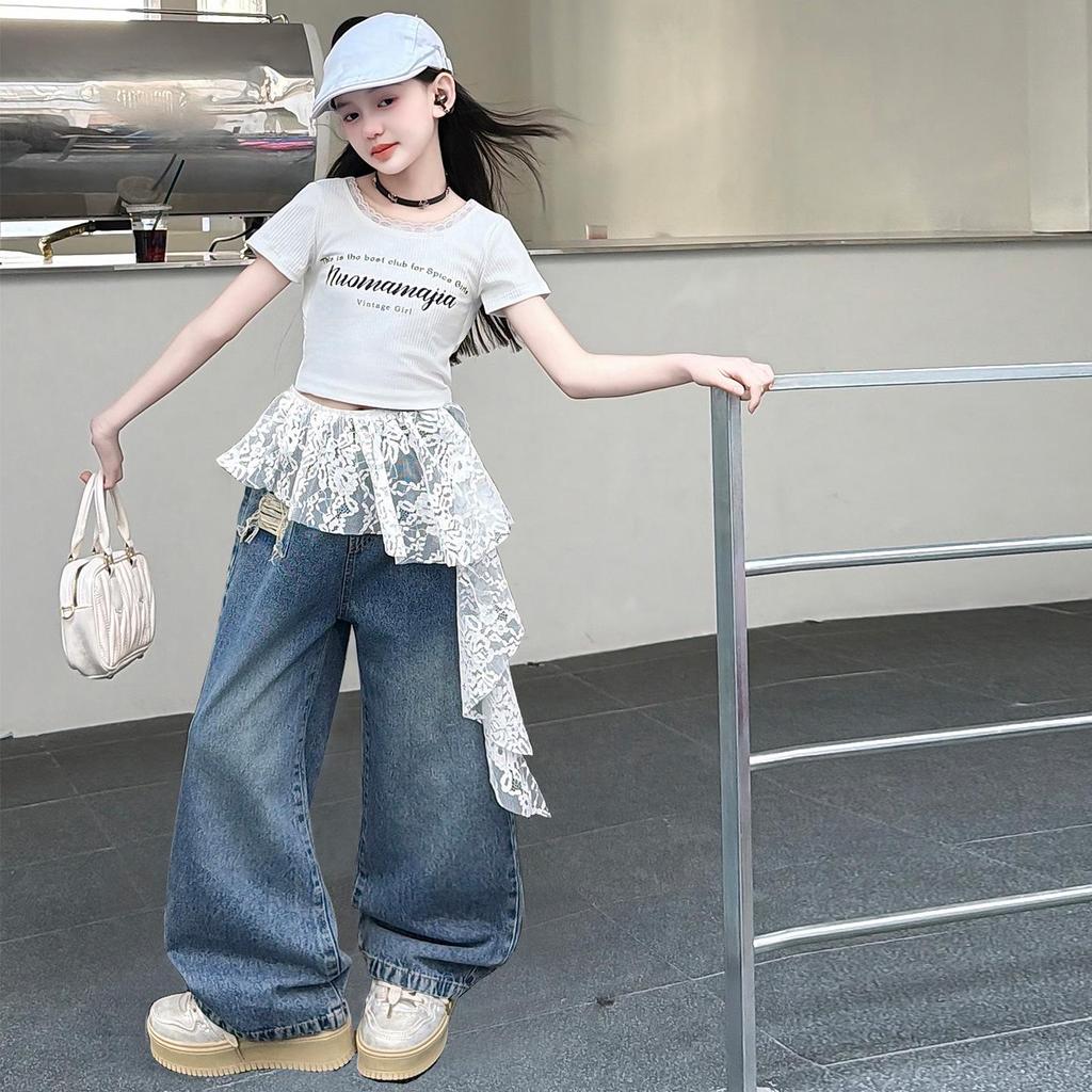 Girls' Trendy Backless T-Shirt & Jeans Set with Lace Jazz Dance Cover